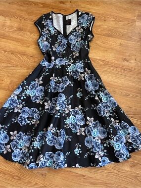 Pinup Couture Heidi Dark Floral Rose Midi Dress Black Blue XL